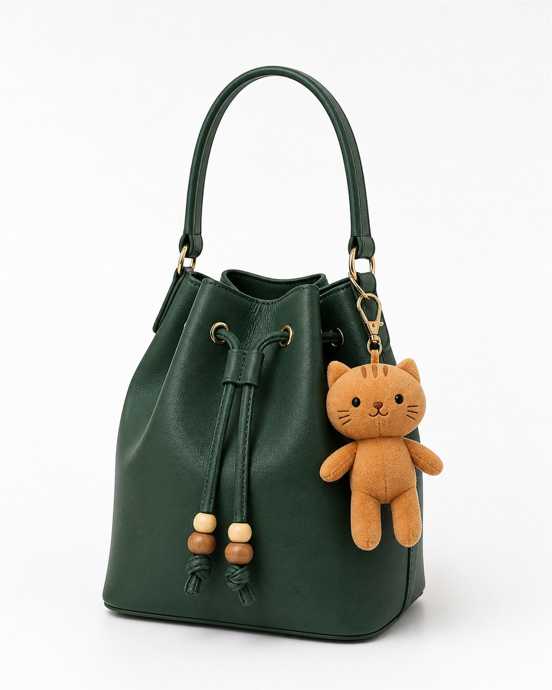 キャメルぬいのナチュラルバケット。緑のバケットバッグ(巾着型)にキャメルのぬいを取り付けた完成コーデ例